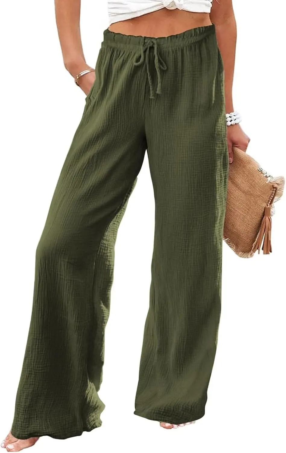 Wide Leg Pants for Women High Waist Solid Color Loose Fit Casual Trousers Workout Drawstring Pant with Pockets