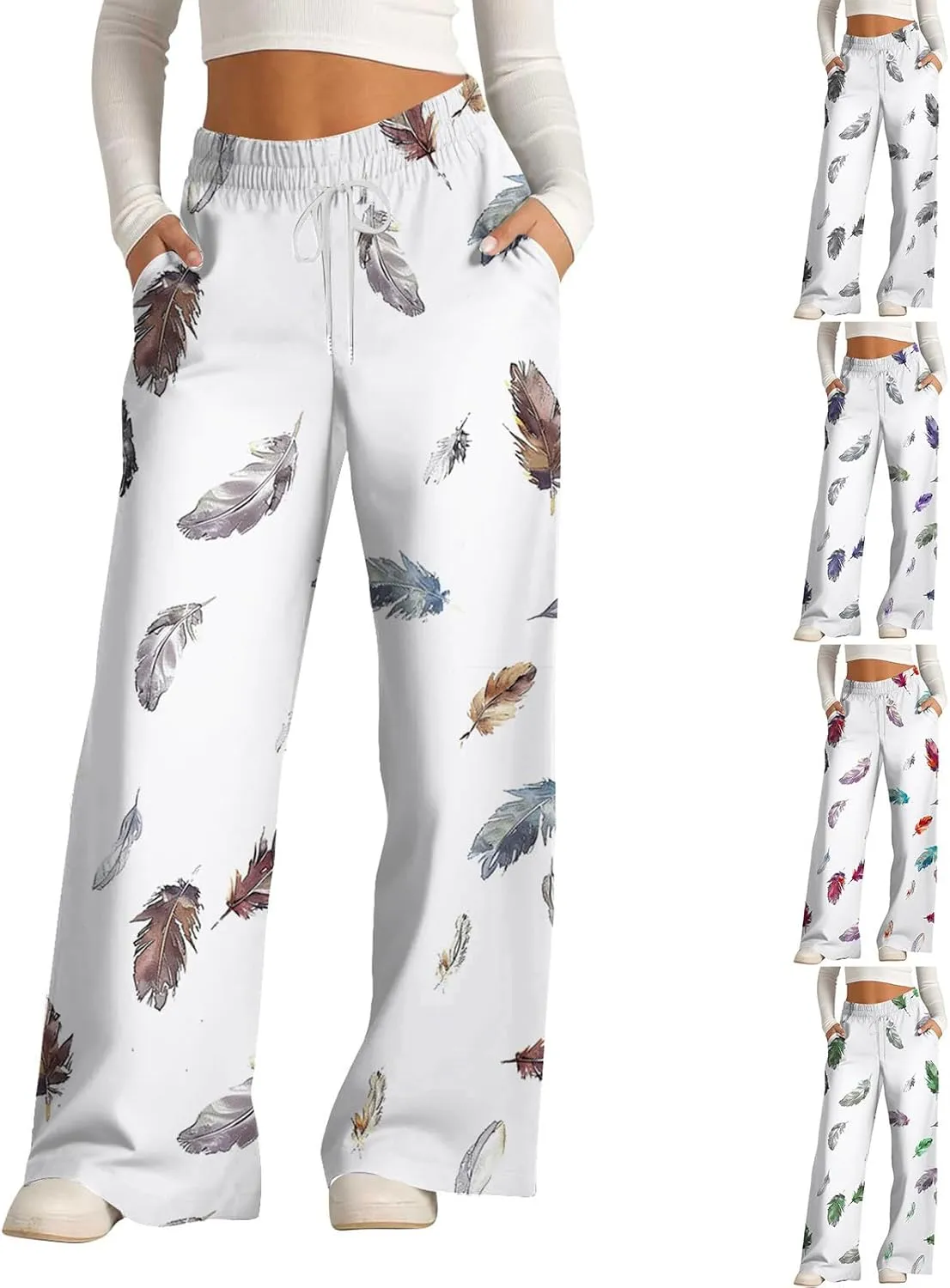 Wide Leg Sweatpants for Women High Waist Drawstring Workout Trousers Striped Print Loose Flowy Y2K Pants with Pockets