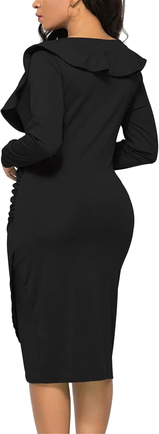 WIWIQS Women's Sexy V Neck Bodycon Long Sleeve Ruffle Dress Front Slit Bandage Plus Size Midi Club Dresses