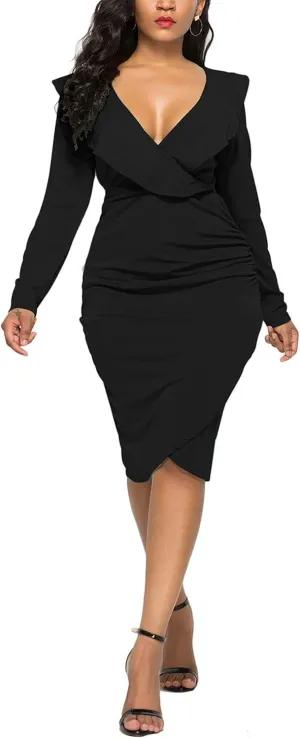 WIWIQS Women's Sexy V Neck Bodycon Long Sleeve Ruffle Dress Front Slit Bandage Plus Size Midi Club Dresses