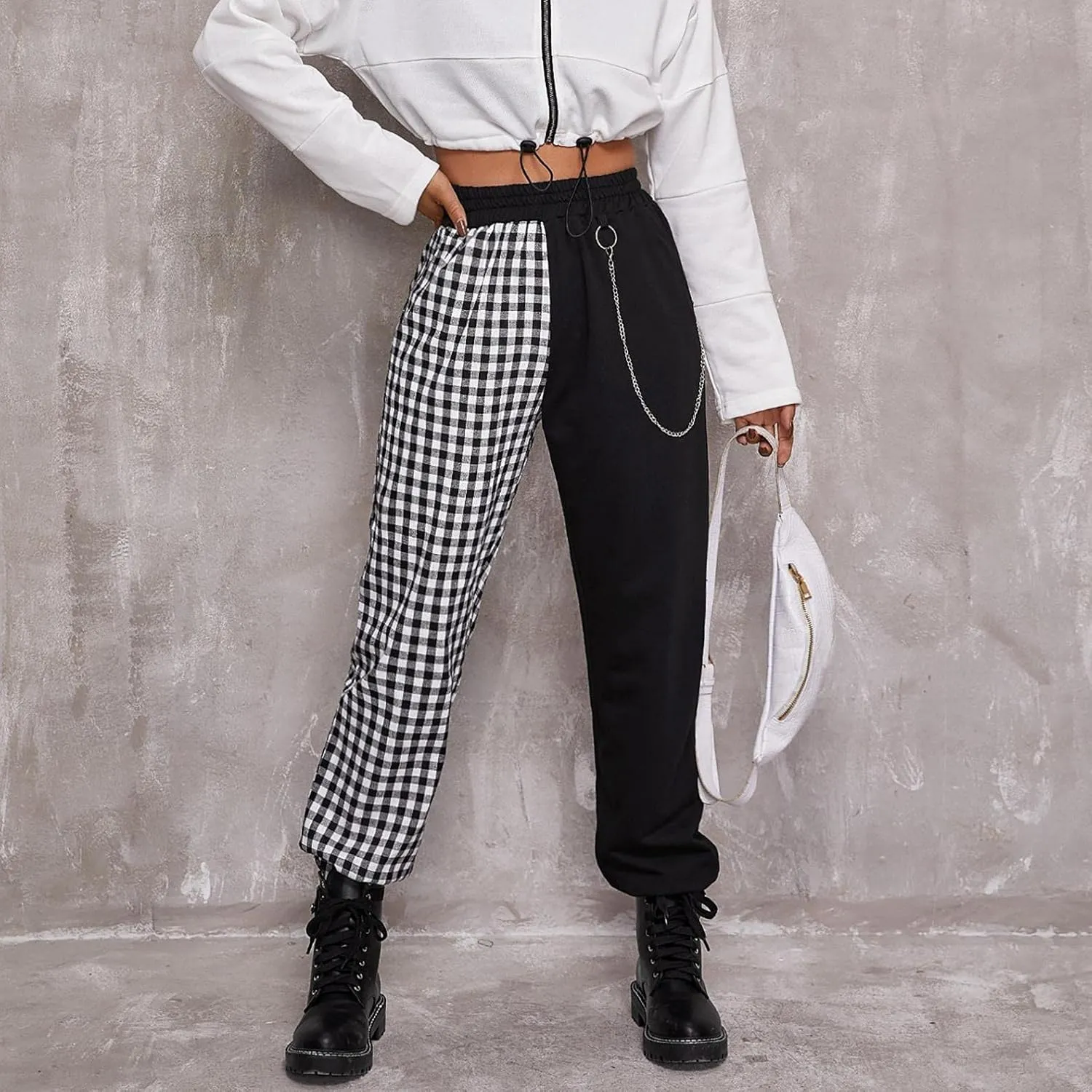Women Baggy Y2k Straight Leg Cargo Pants Punk Pockets High Waist Chain Casual Plaid Trousers Pants