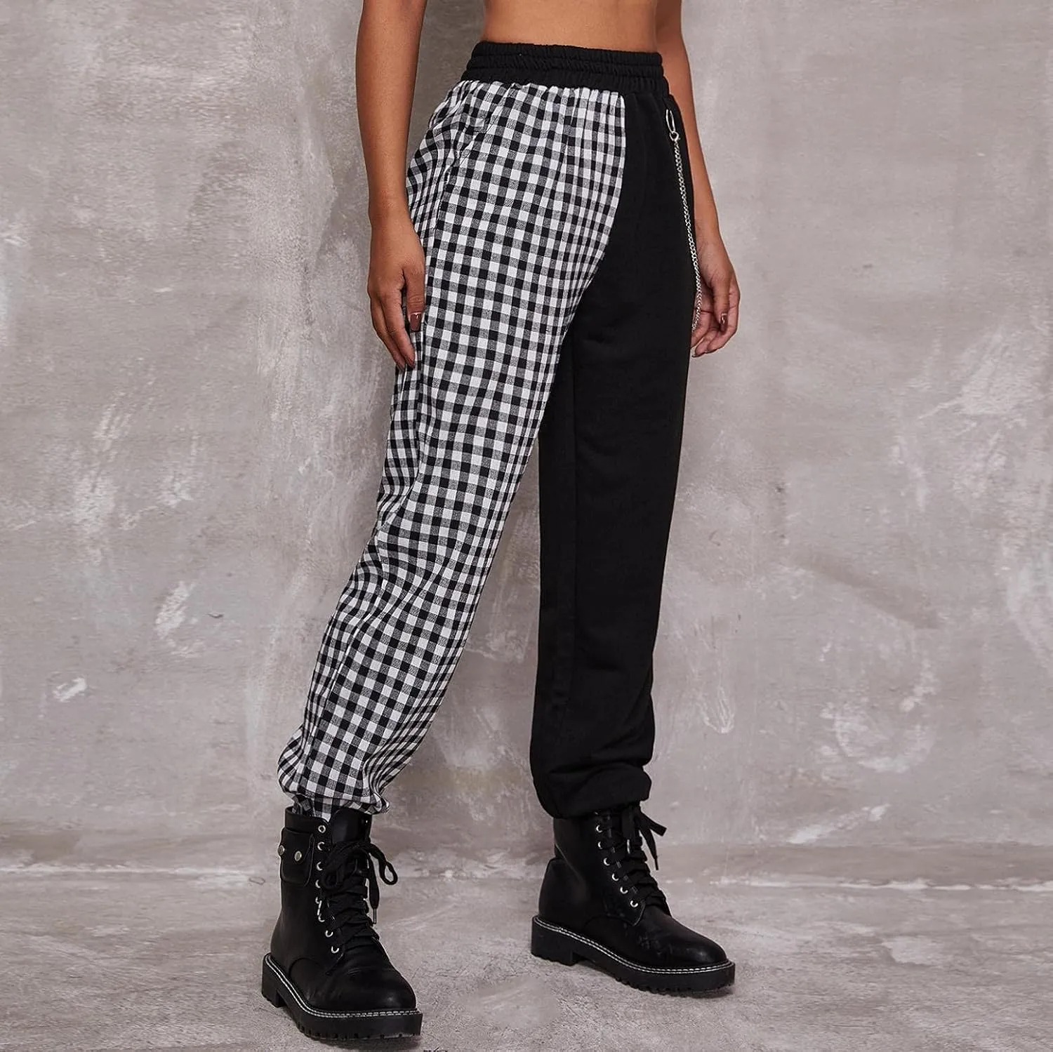 Women Baggy Y2k Straight Leg Cargo Pants Punk Pockets High Waist Chain Casual Plaid Trousers Pants
