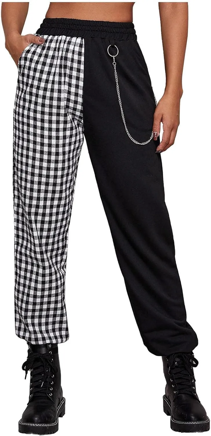 Women Baggy Y2k Straight Leg Cargo Pants Punk Pockets High Waist Chain Casual Plaid Trousers Pants