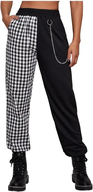 Women Baggy Y2k Straight Leg Cargo Pants Punk Pockets High Waist Chain Casual Plaid Trousers Pants