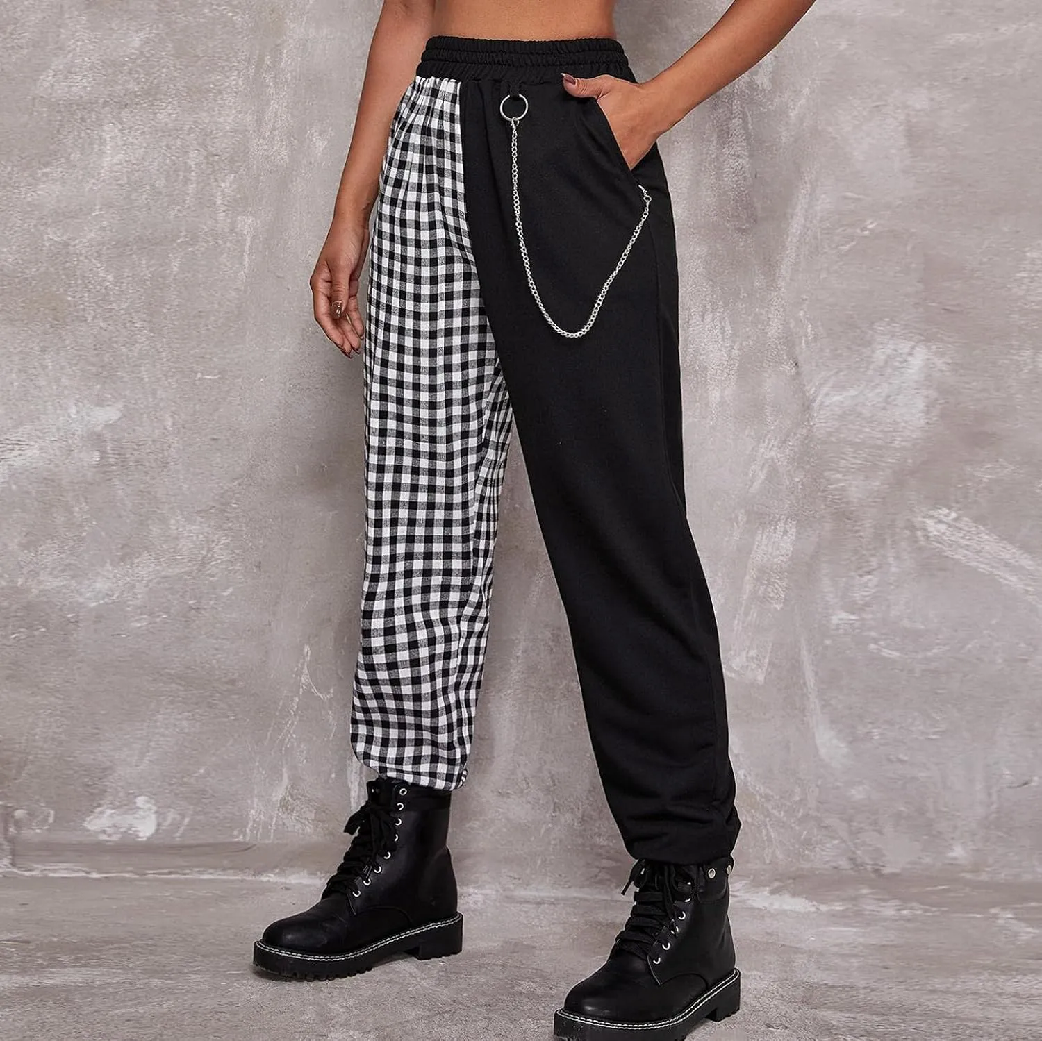 Women Baggy Y2k Straight Leg Cargo Pants Punk Pockets High Waist Chain Casual Plaid Trousers Pants
