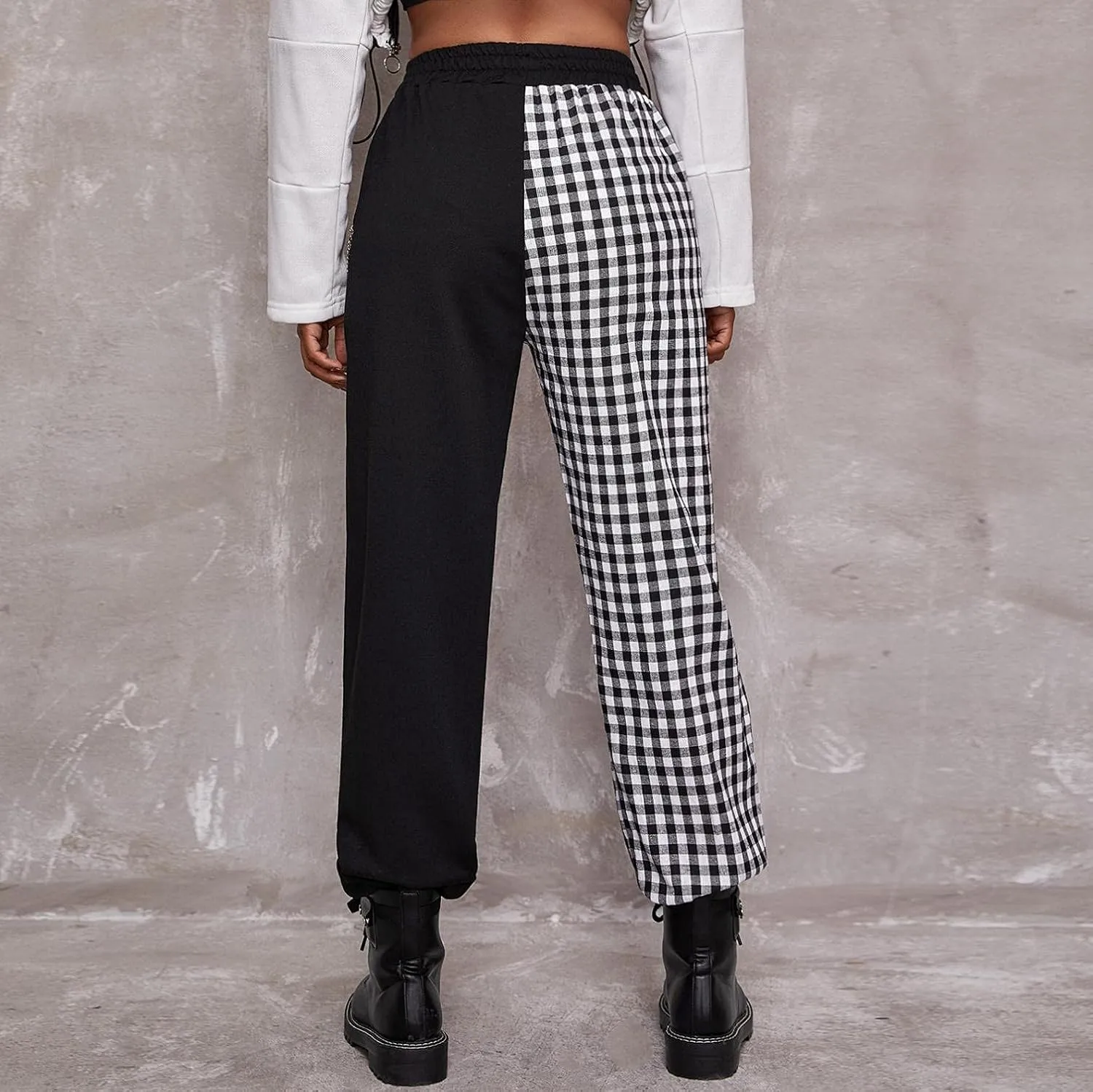 Women Baggy Y2k Straight Leg Cargo Pants Punk Pockets High Waist Chain Casual Plaid Trousers Pants