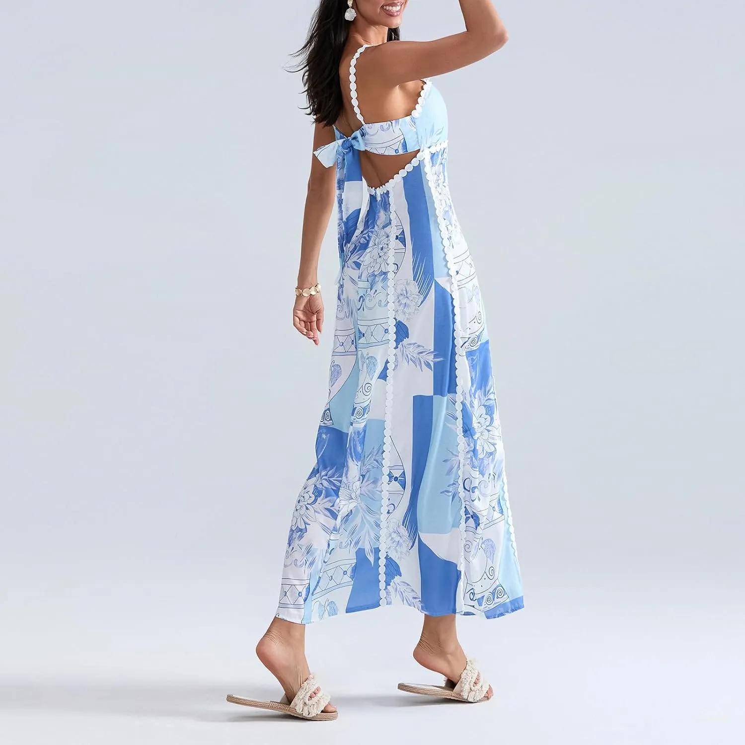 Women Boho Maxi Dress Vintage Floral Sleeveless Backless Beach Cami Sundress Summer Vacation Streewear