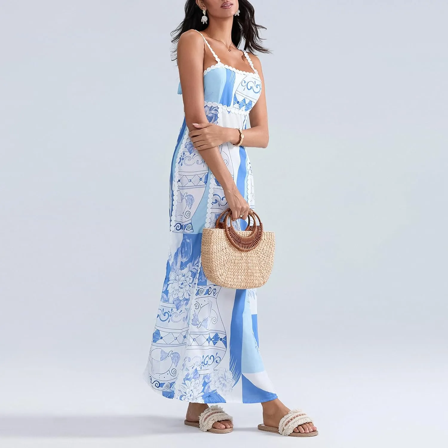 Women Boho Maxi Dress Vintage Floral Sleeveless Backless Beach Cami Sundress Summer Vacation Streewear