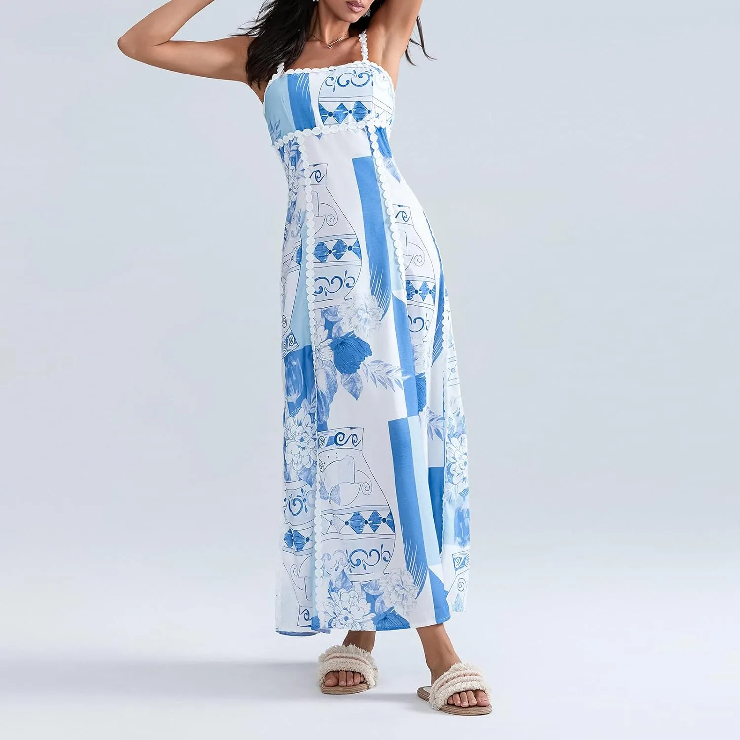 Women Boho Maxi Dress Vintage Floral Sleeveless Backless Beach Cami Sundress Summer Vacation Streewear