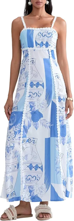 Women Boho Maxi Dress Vintage Floral Sleeveless Backless Beach Cami Sundress Summer Vacation Streewear