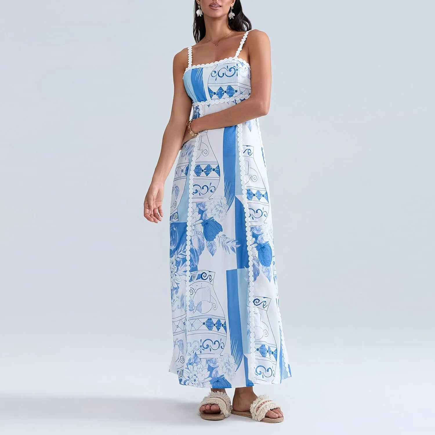 Women Boho Maxi Dress Vintage Floral Sleeveless Backless Beach Cami Sundress Summer Vacation Streewear