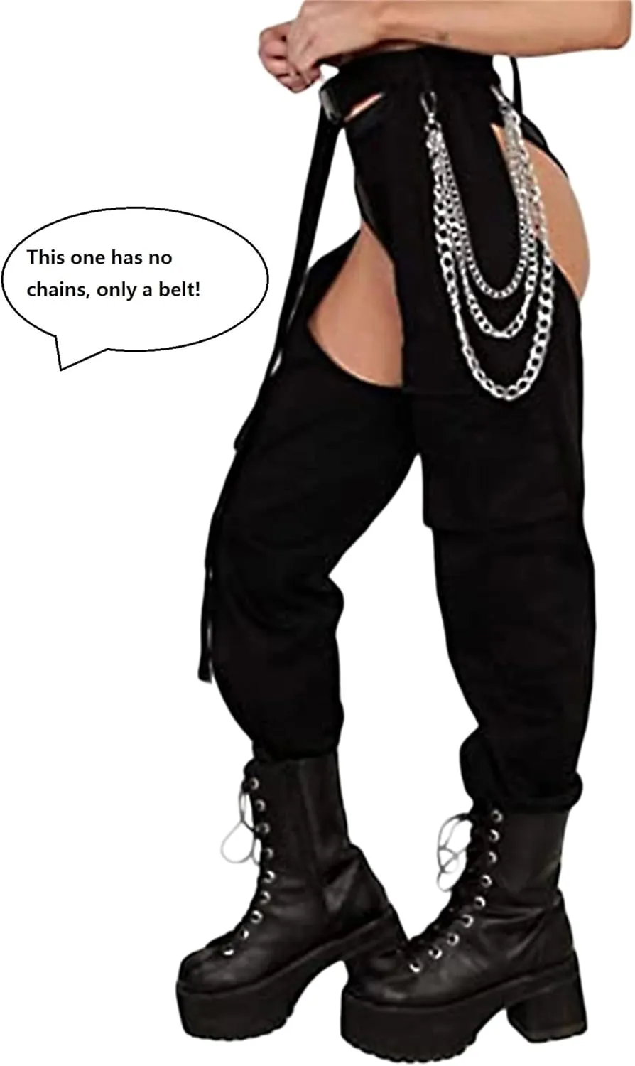 Women Buckle Bottomless Pants Sexy High Waist Rave Chaps Hollow Out Cargo Crotch Pants See Through Long Rave Leggings