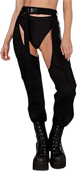 Women Buckle Bottomless Pants Sexy High Waist Rave Chaps Hollow Out Cargo Crotch Pants See Through Long Rave Leggings