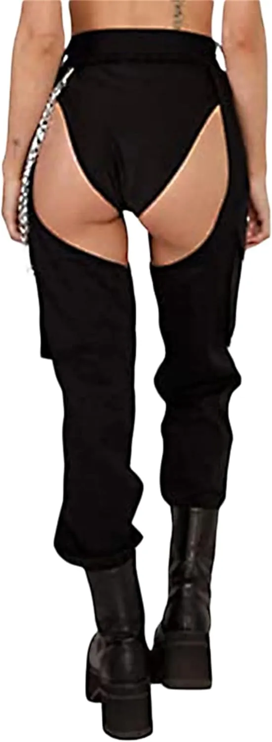 Women Buckle Bottomless Pants Sexy High Waist Rave Chaps Hollow Out Cargo Crotch Pants See Through Long Rave Leggings
