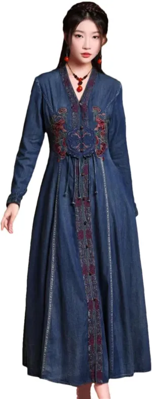 Women Chinese Style Vintage Long Sleeve Denim Dress V-Neck Embroidery High Waisted A-Line Jeans Dress
