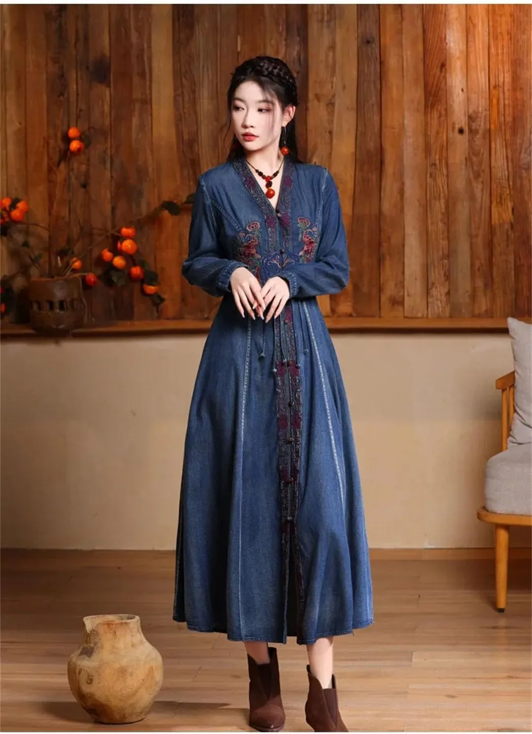 Women Chinese Style Vintage Long Sleeve Denim Dress V-Neck Embroidery High Waisted A-Line Jeans Dress