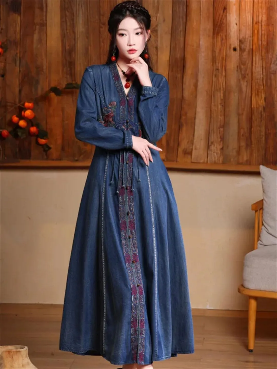 Women Chinese Style Vintage Long Sleeve Denim Dress V-Neck Embroidery High Waisted A-Line Jeans Dress