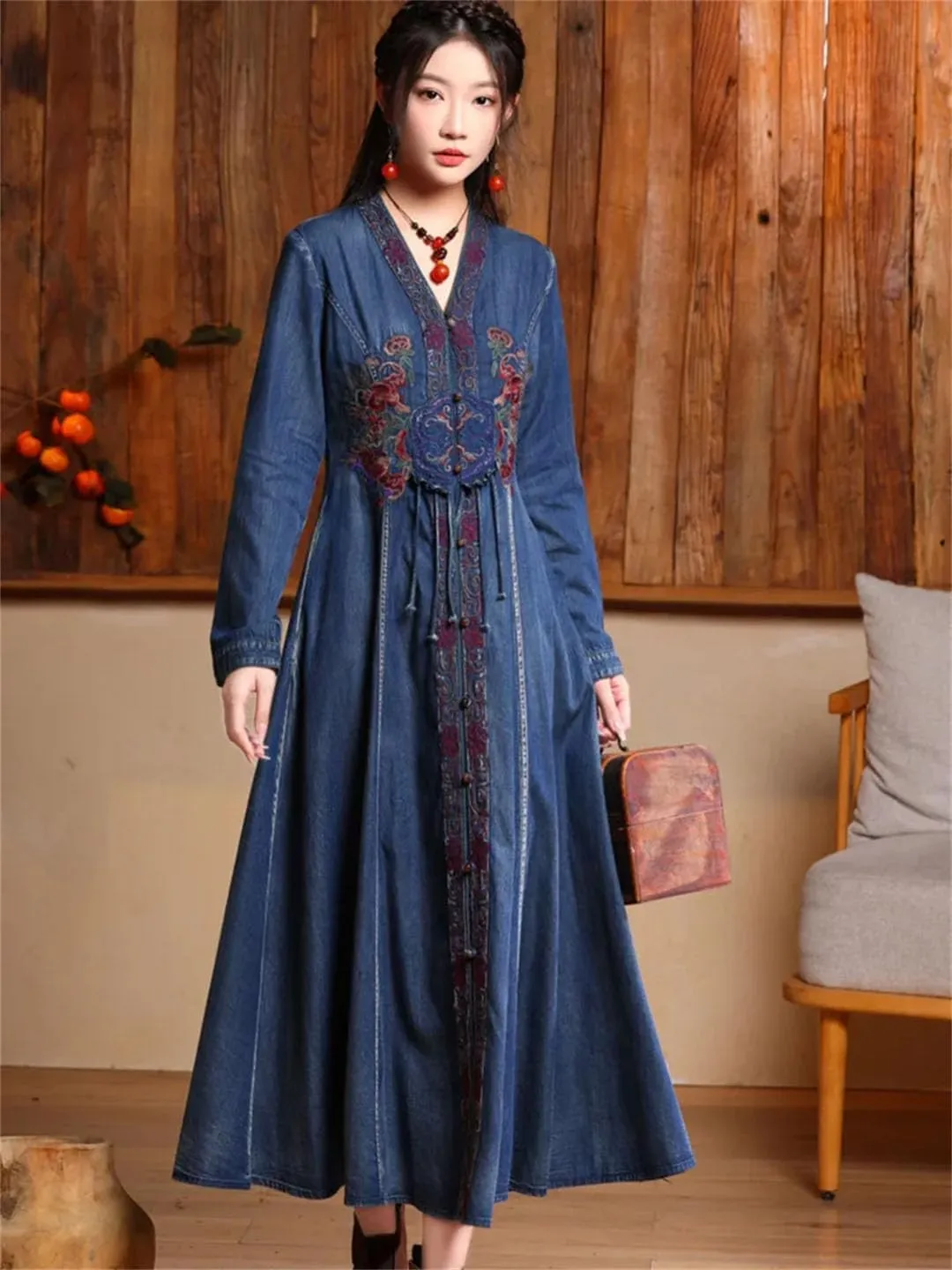 Women Chinese Style Vintage Long Sleeve Denim Dress V-Neck Embroidery High Waisted A-Line Jeans Dress