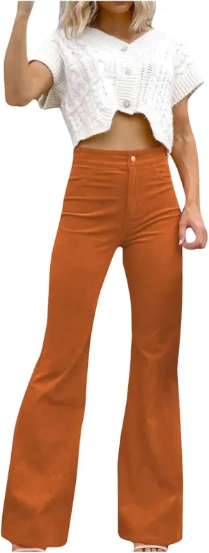 Women Corduroy Flare Pants Elastic High Waist Bell Bottom Trousers Vintage Baggy Wide Leg Flare Pants Long Sweatpants