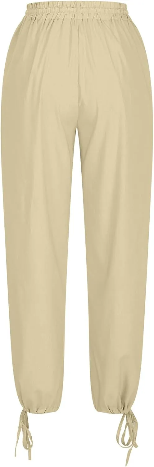 Women Cotton Linen Drawstring Joggers, Summer Outdoor Running Workout Casual Pants Comfy Breathable Pockets Trousers