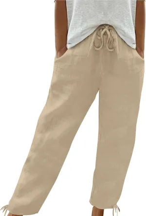 Women Cotton Linen Drawstring Joggers, Summer Outdoor Running Workout Casual Pants Comfy Breathable Pockets Trousers