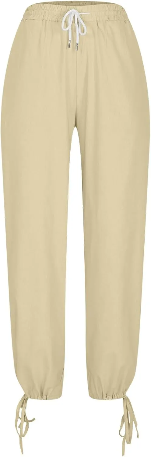 Women Cotton Linen Drawstring Joggers, Summer Outdoor Running Workout Casual Pants Comfy Breathable Pockets Trousers