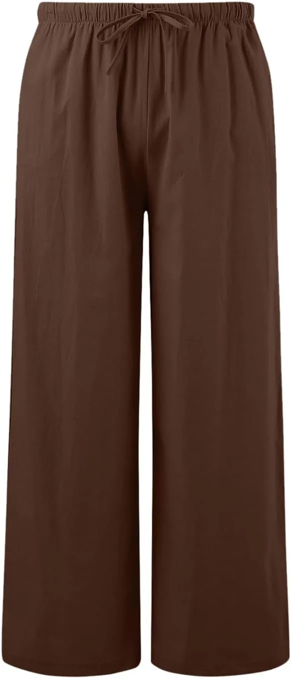 Women Cotton Linen Pants Wide Leg High Waist Flowy Summer Drawstring Pant Trouser Casual Lounge Beach Travel Vacation Clothes