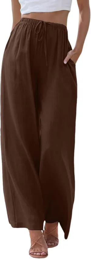 Women Cotton Linen Pants Wide Leg High Waist Flowy Summer Drawstring Pant Trouser Casual Lounge Beach Travel Vacation Clothes