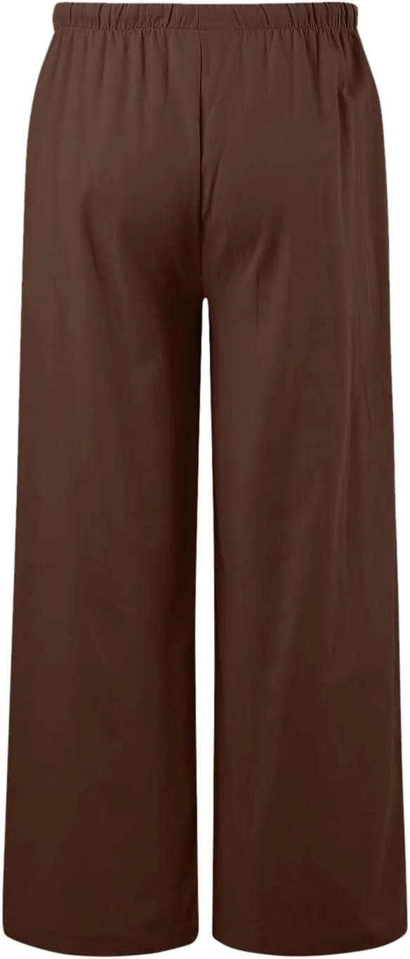 Women Cotton Linen Pants Wide Leg High Waist Flowy Summer Drawstring Pant Trouser Casual Lounge Beach Travel Vacation Clothes