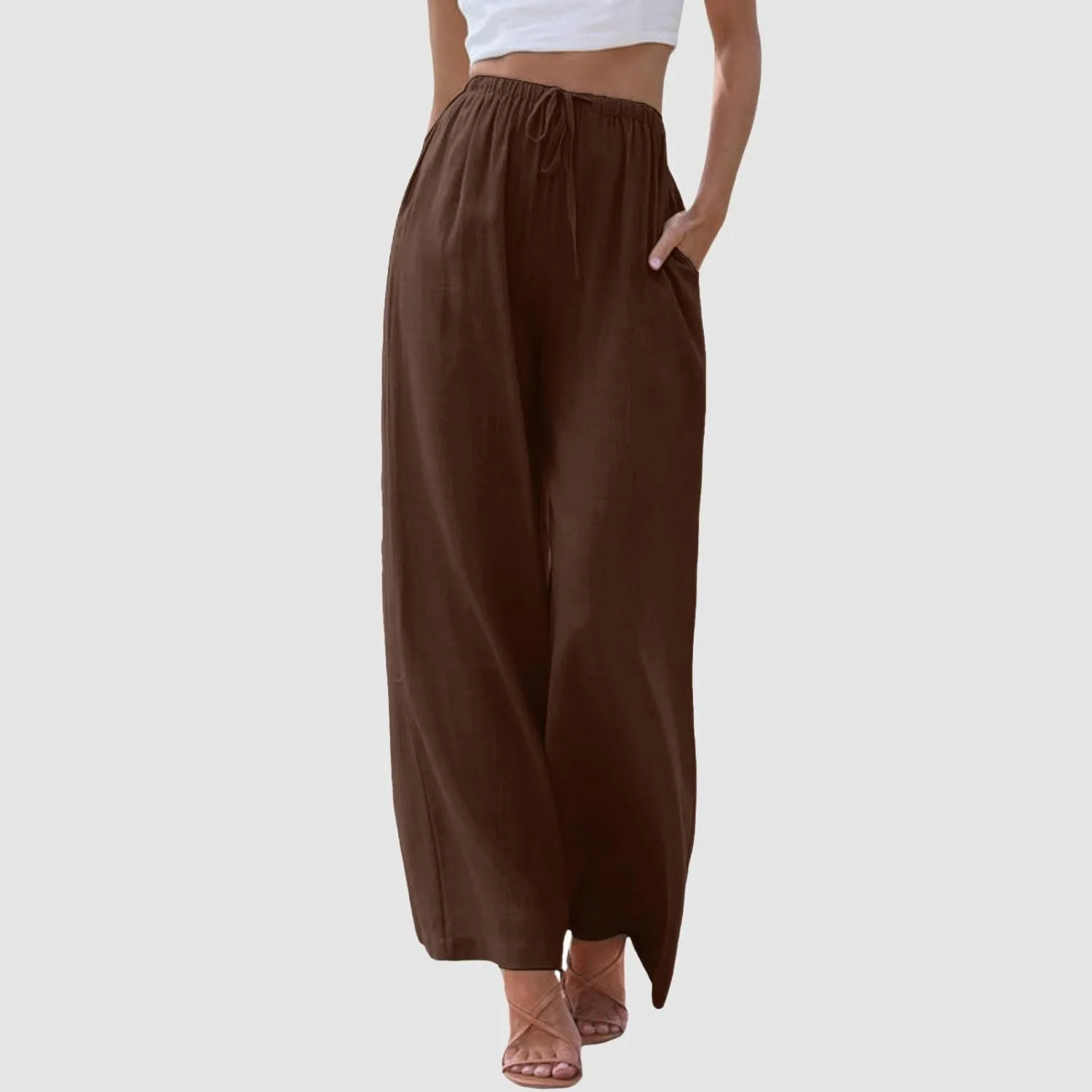 Women Cotton Linen Pants Wide Leg High Waist Flowy Summer Drawstring Pant Trouser Casual Lounge Beach Travel Vacation Clothes