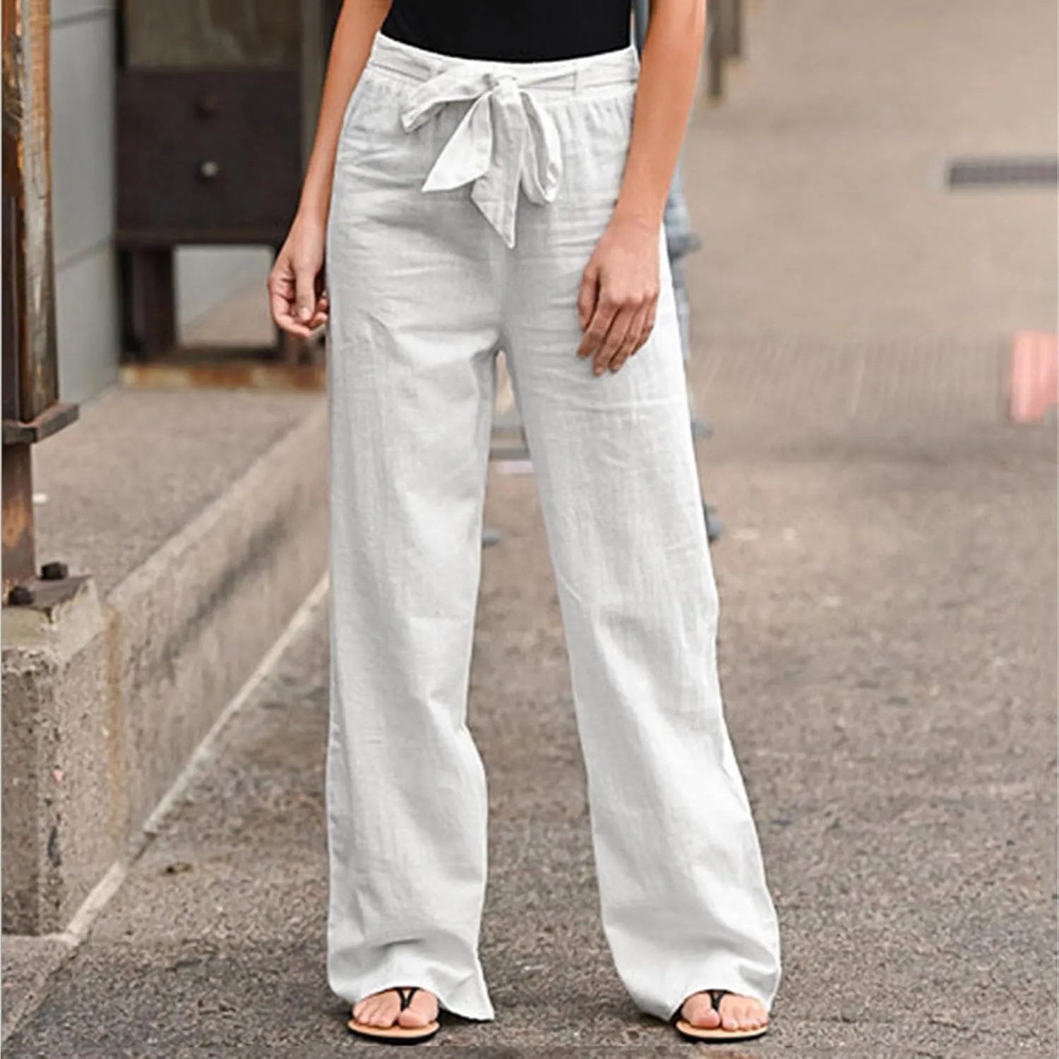 Women Cotton Linen Summer Comfy Pant Trousers Elastic Waist Baggy Stretchy Slim Fit Palazzo Lounge Pants Trendy