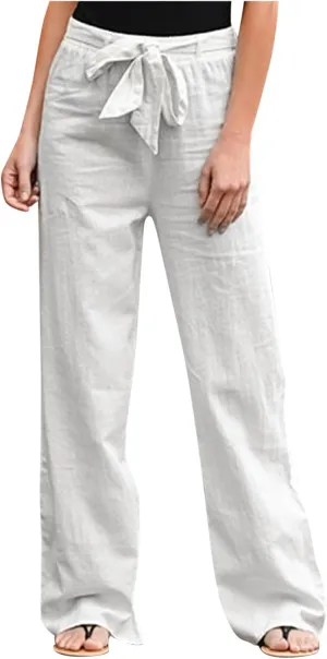 Women Cotton Linen Summer Comfy Pant Trousers Elastic Waist Baggy Stretchy Slim Fit Palazzo Lounge Pants Trendy