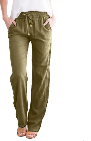 Women Cotton Linen Summer Fashion Pants Elastic Waist Wide Leg Loose Fit Palazzo Pants Beach