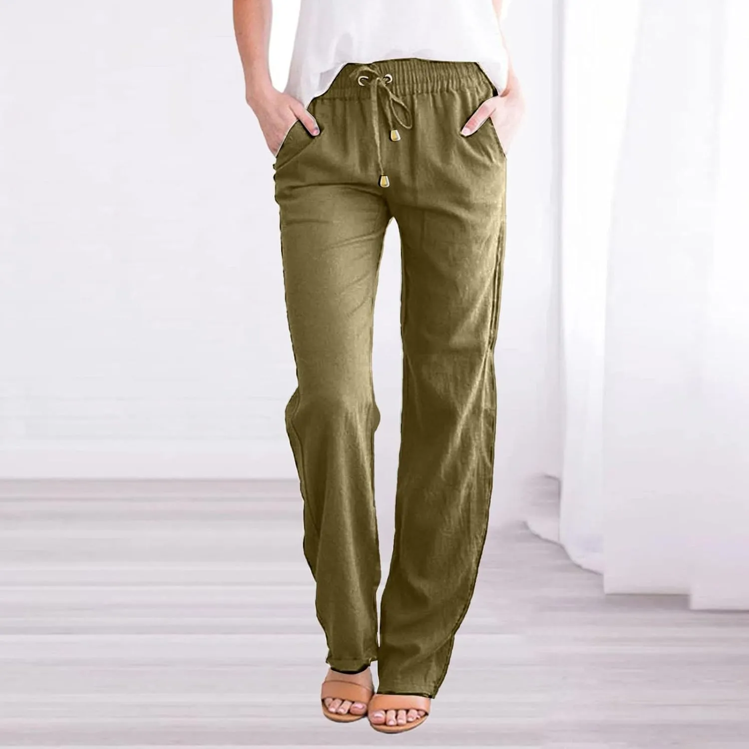 Women Cotton Linen Summer Fashion Pants Elastic Waist Wide Leg Loose Fit Palazzo Pants Beach