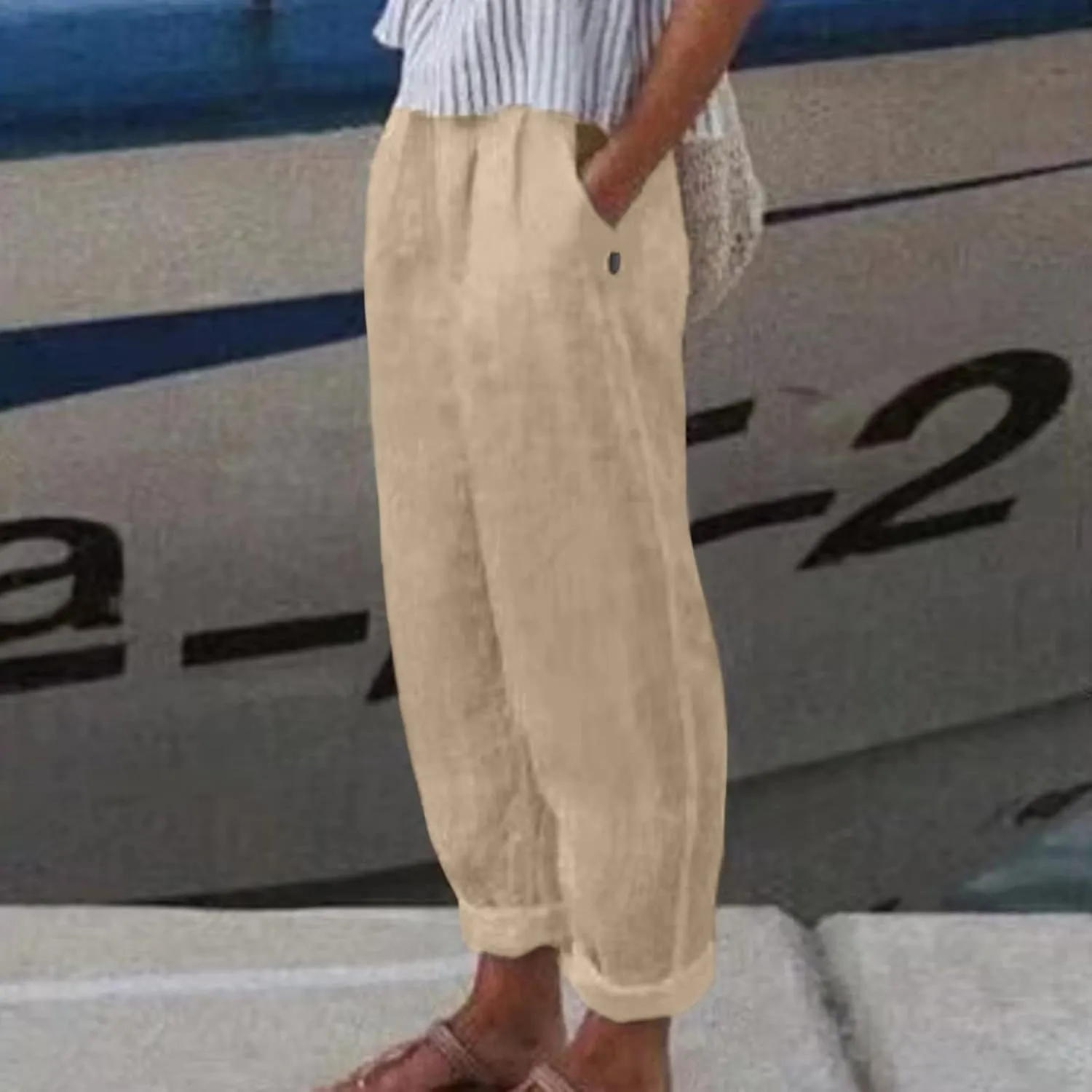 Women Cotton Linen Summer Striped Pants Elastic Waist Wide Leg Slim-Fit Palazzo Lounge Pants Beach