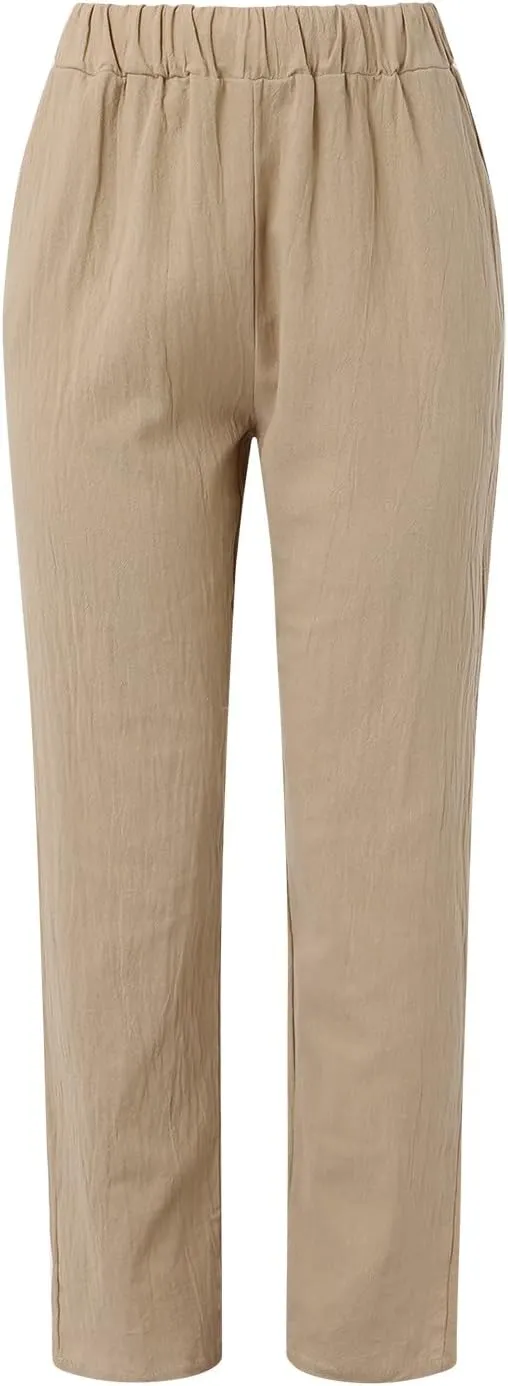 Women Cotton Linen Summer Striped Pants Elastic Waist Wide Leg Slim-Fit Palazzo Lounge Pants Beach