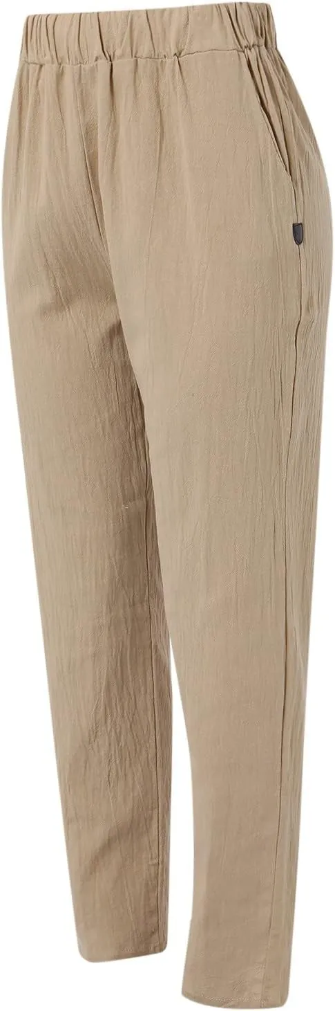 Women Cotton Linen Summer Striped Pants Elastic Waist Wide Leg Slim-Fit Palazzo Lounge Pants Beach