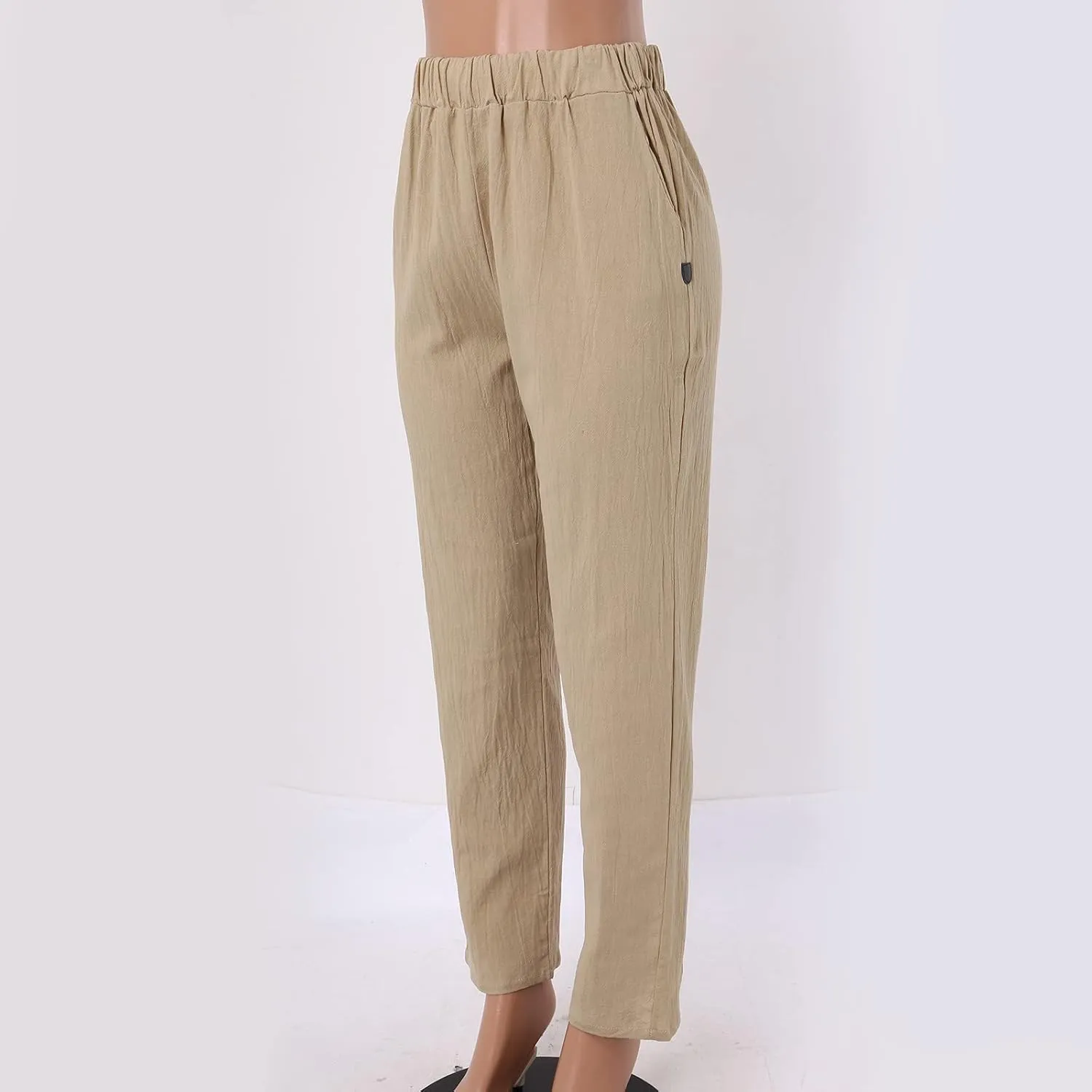 Women Cotton Linen Summer Striped Pants Elastic Waist Wide Leg Slim-Fit Palazzo Lounge Pants Beach