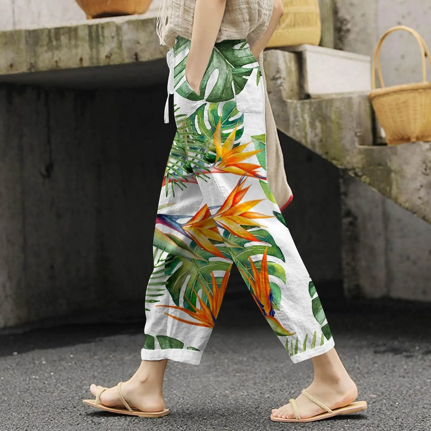 Women Cotton Linen Summer Trendy Pant Trousers Elastic Waisted Long Lounge Slim Fit Pants Beach