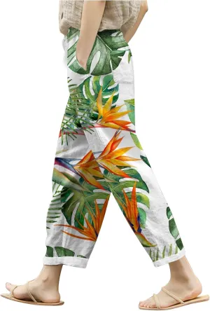 Women Cotton Linen Summer Trendy Pant Trousers Elastic Waisted Long Lounge Slim Fit Pants Beach
