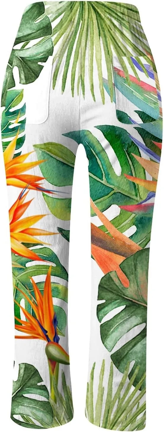 Women Cotton Linen Summer Trendy Pant Trousers Elastic Waisted Long Lounge Slim Fit Pants Beach