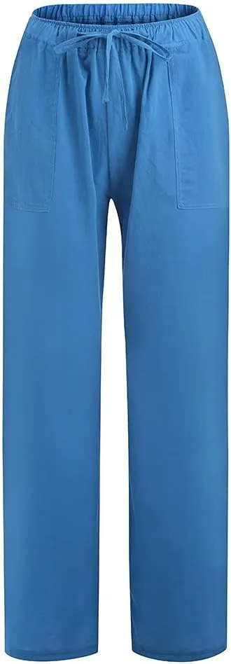 Women Cotton Linen Summer Y2K Fashion Palazzo Lounge Pants High Waist Straight Slim-Fit Trousers Vacation