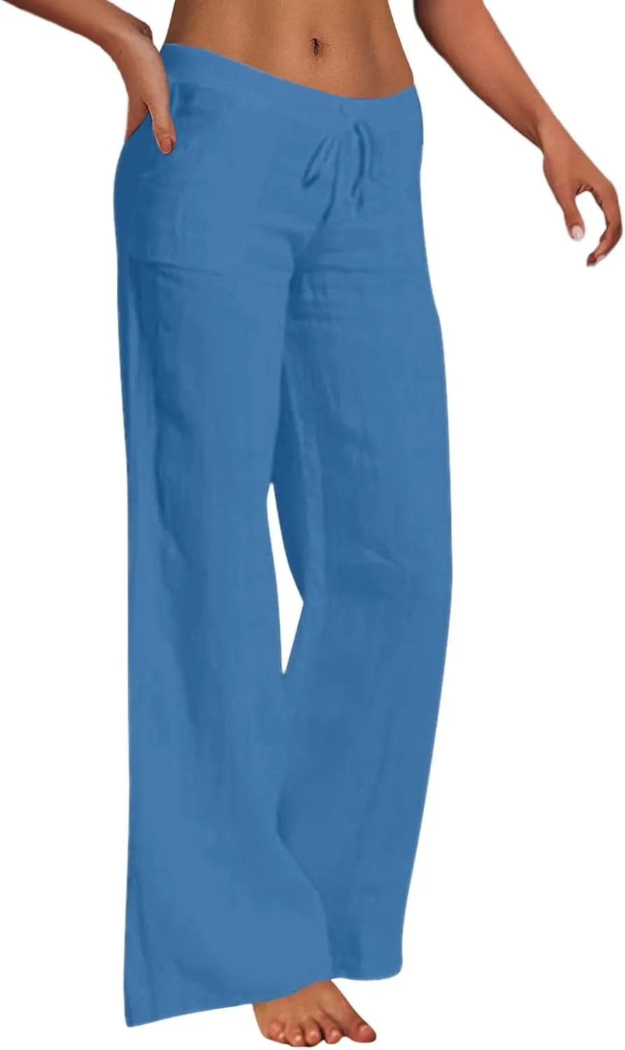 Women Cotton Linen Summer Y2K Fashion Palazzo Lounge Pants High Waist Straight Slim-Fit Trousers Vacation