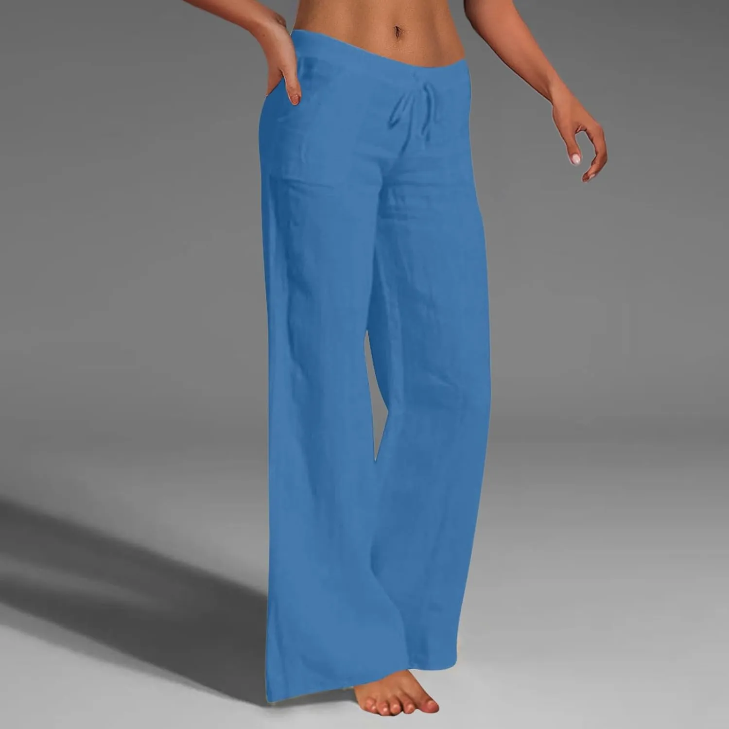 Women Cotton Linen Summer Y2K Fashion Palazzo Lounge Pants High Waist Straight Slim-Fit Trousers Vacation