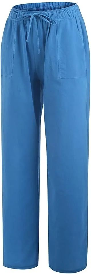 Women Cotton Linen Summer Y2K Fashion Palazzo Lounge Pants High Waist Straight Slim-Fit Trousers Vacation
