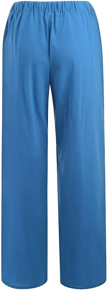 Women Cotton Linen Summer Y2K Fashion Palazzo Lounge Pants High Waist Straight Slim-Fit Trousers Vacation