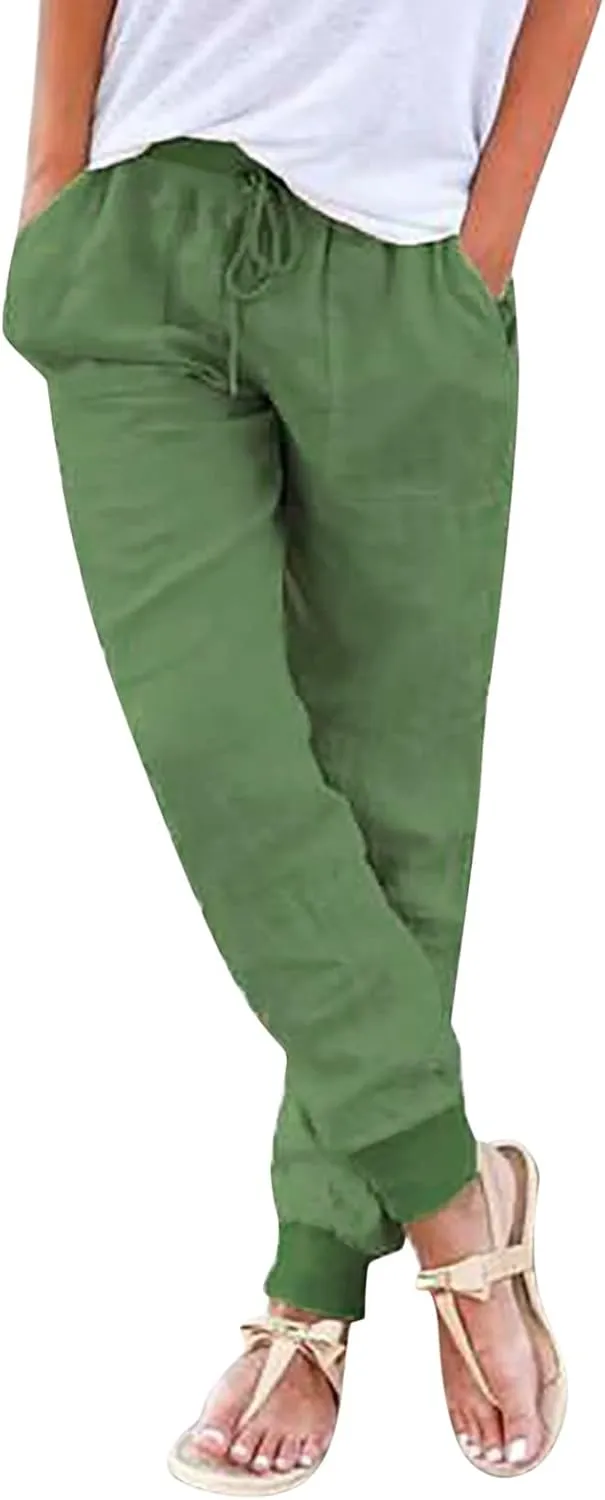 Women Cotton Linen Tapered Pants Drawstring Elastic High Waist Trousers Casual Summer Plus Size Joggers with Pockets