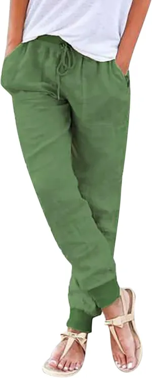 Women Cotton Linen Tapered Pants Drawstring Elastic High Waist Trousers Casual Summer Plus Size Joggers with Pockets