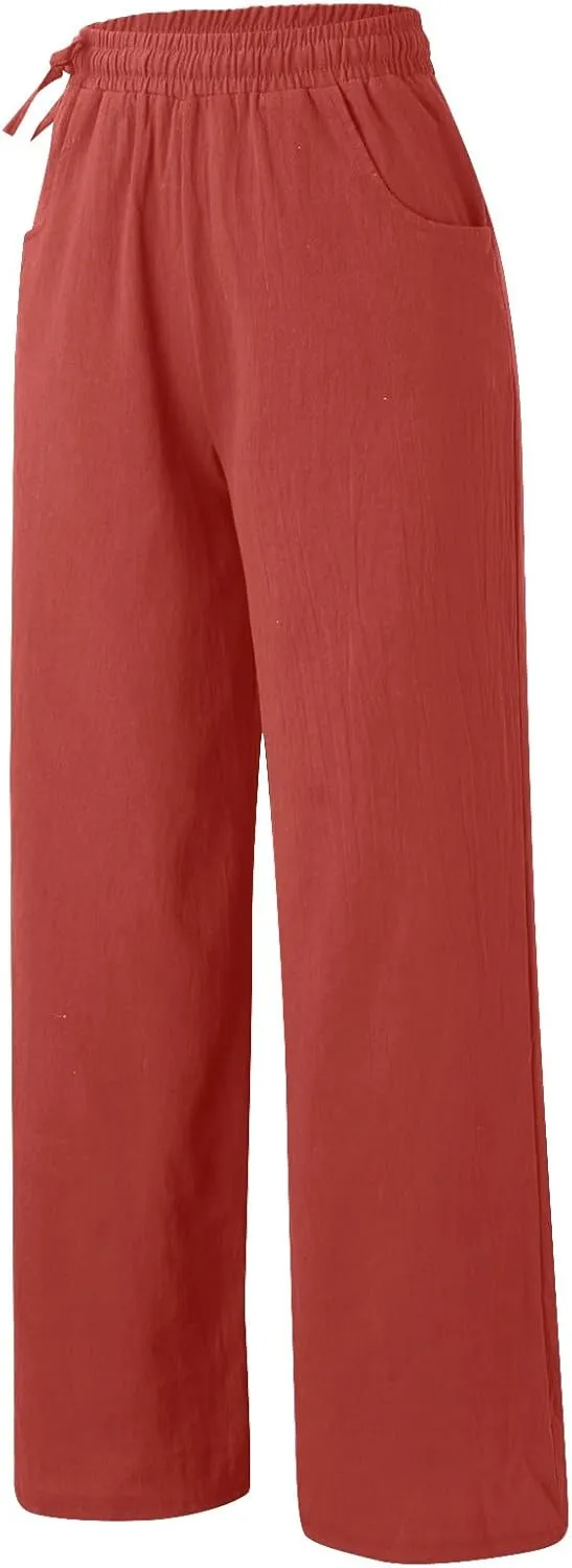 Women Cotton Linen Wide Leg Trousers High Waist Plus Size Lounge Pants Pockets Leisure Pant Causal Sweatpants