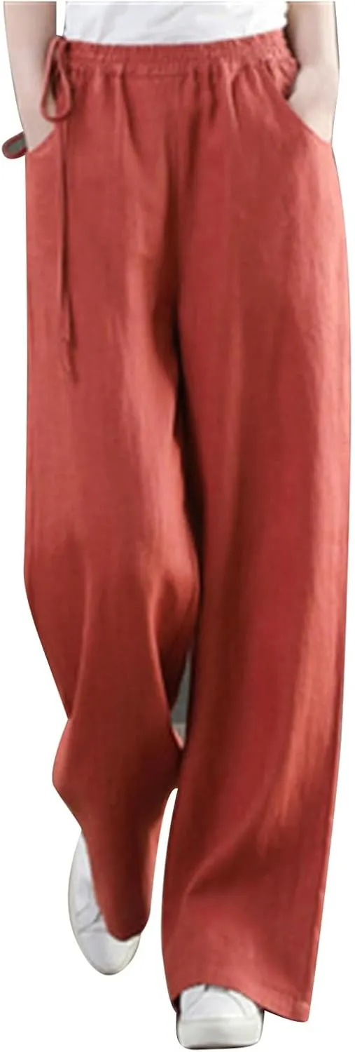 Women Cotton Linen Wide Leg Trousers High Waist Plus Size Lounge Pants Pockets Leisure Pant Causal Sweatpants